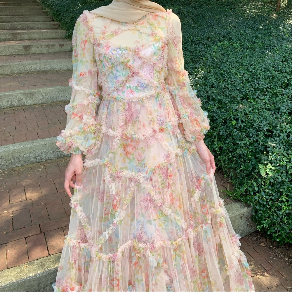 Needle & Thread floral diamond ruffle gown